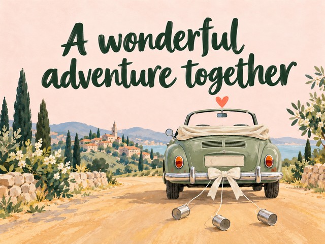 Illustration of a green wedding car with trailing tin cans in a sunny landscape, with the message “A wonderful adventure together”