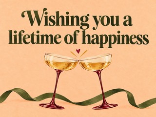 Illustration of two champagne glasses and a green ribbon on apricot, with the message “Wishing you a lifetime of happiness”