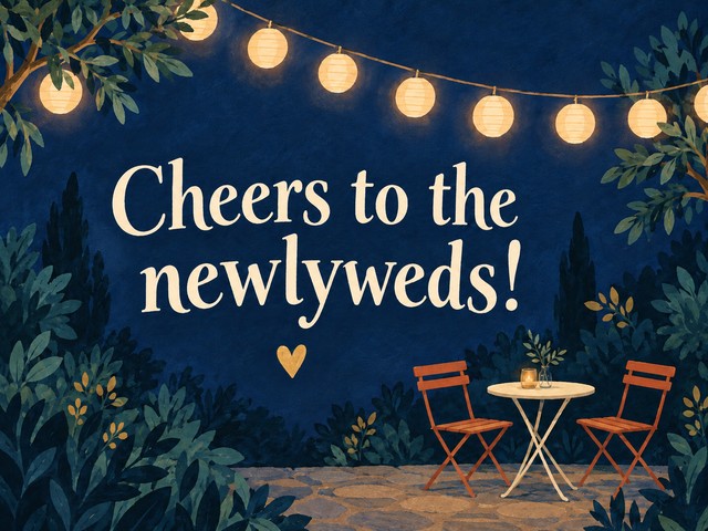 Illustration of a lantern-lit night garden with two chairs and a table, with the message “Cheers to the newlyweds!”