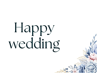 Wedding card cover with blue watercolor flowers and the text 'Happy wedding'