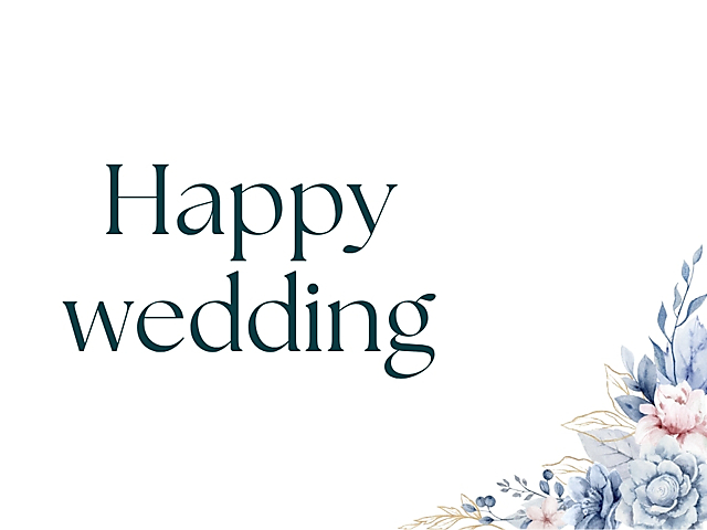 Wedding card cover with blue watercolor flowers and the text 'Happy wedding'
