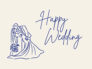 Wedding card cover with blue line art of a couple and the text 'Happy wedding'