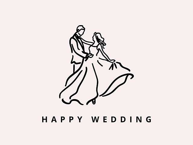 Wedding card cover with minimal couple line art and the text 'Happy wedding'