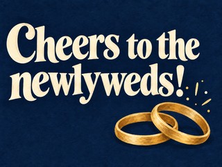 Illustration of two golden wedding rings on midnight blue, with the message “Cheers to the newlyweds!”