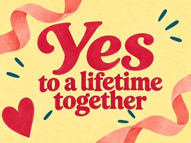 Illustration of raspberry lettering with coral ribbons and a heart on yellow, with the message “Yes to a lifetime together”