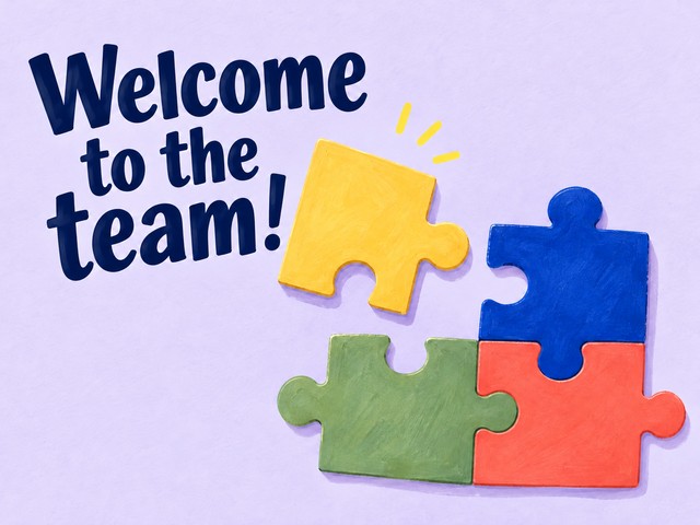 Illustration of colorful puzzle pieces on lavender, with the message “Welcome to the team!”