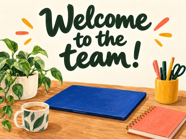 Illustration of a computer, notebook, and pencils on a desk, with the message “Welcome to the team!”