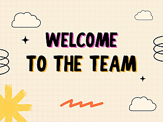 Welcome to the team card cover with playful lettering on a beige grid background