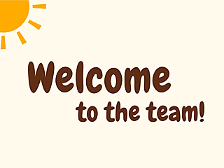 Welcome to the team card cover with brown lettering and a yellow sun on a cream background