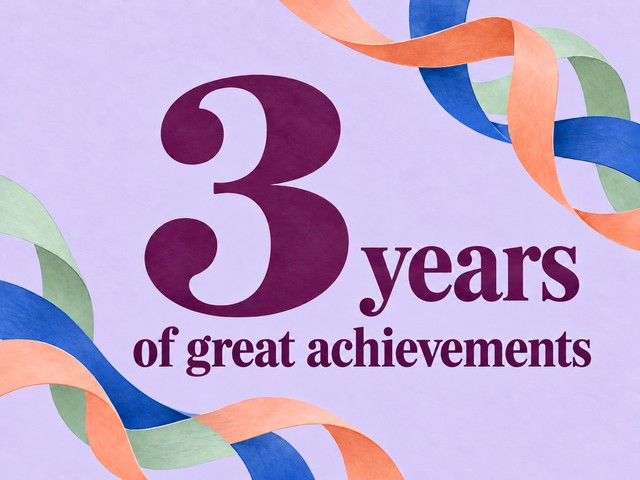 Illustration of plum lettering with colorful ribbons on lavender, with the message “3 years of great achievements”