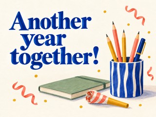 Illustration of stationery and festive decorations on cream, with the message “Another year together!”