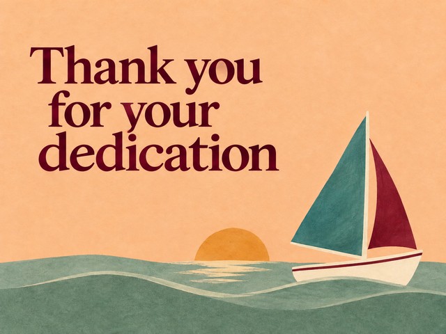 Illustration of a sailboat and sun on apricot, with the message “Thank you for your dedication”