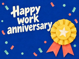 Illustration of a yellow rosette and confetti on blue, with the message “Happy work anniversary”