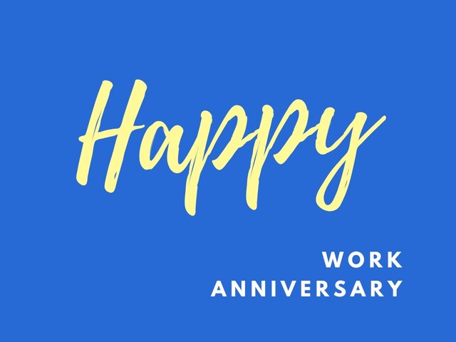Happy work anniversary card cover with yellow script text on a blue background