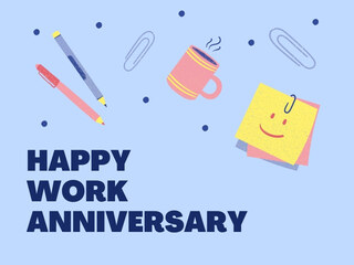 Happy work anniversary card cover with office supplies on a light blue background