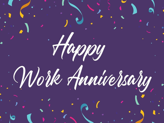 Happy work anniversary card cover with white script text and confetti on a purple background